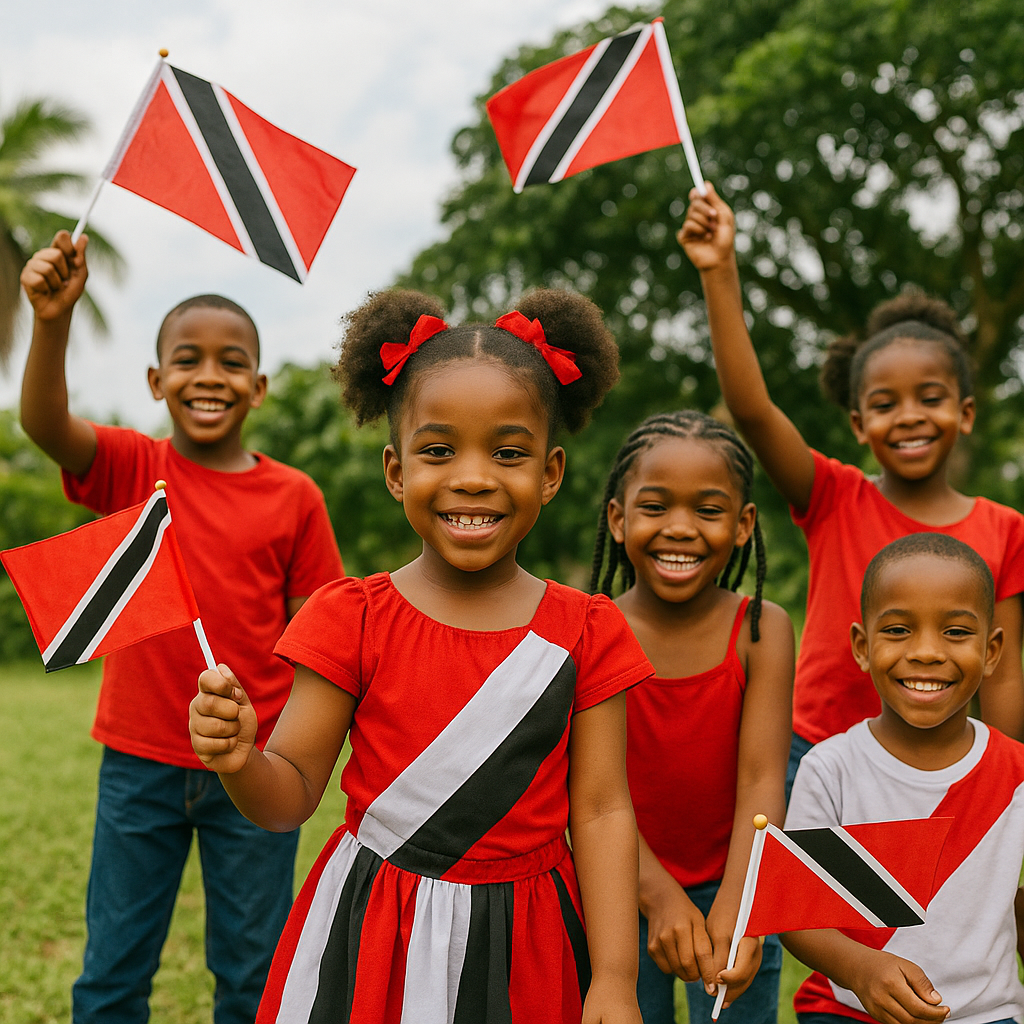 Children dressed in national colors or costumes, waving flags.