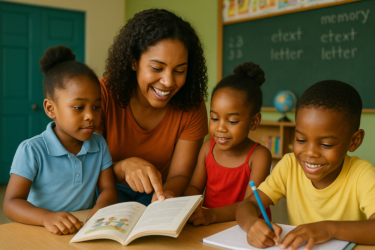 Children and a volunteer helping students with homework or reading practice.