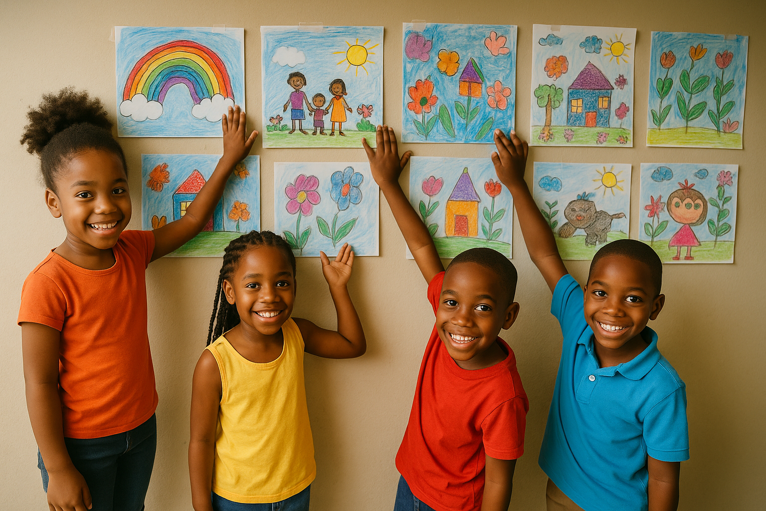 Children proudly displaying their finished artwork on a wallt